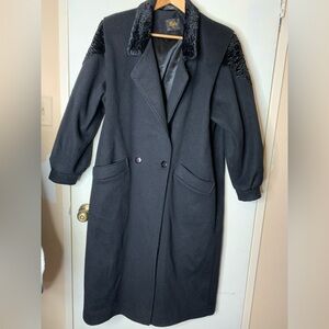 Luba Paris Pure Wool Vintage Coat Faux Fur Accents Black 70s Womens Size 13/14